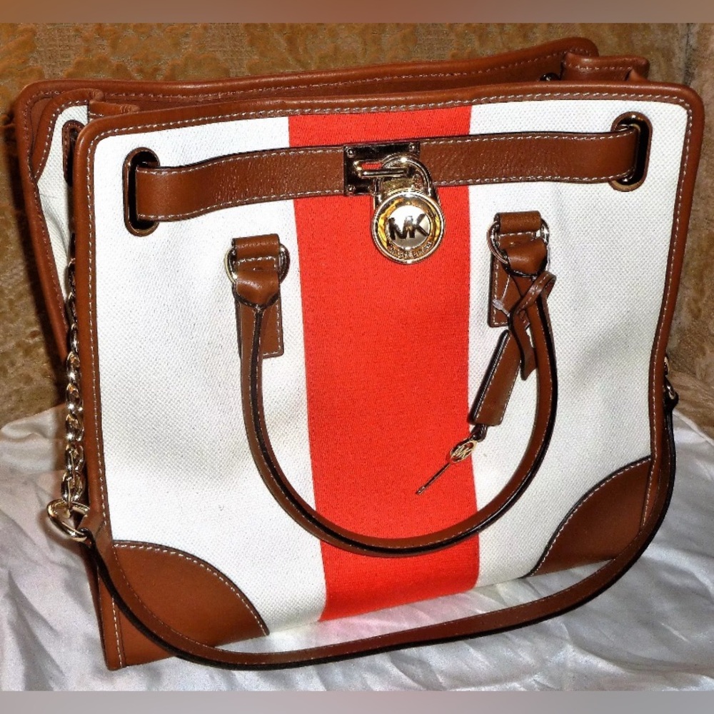 Michael Kors Hamilton Large Satchel Bag Mono Stripe MANDARIN brown tote NWT New